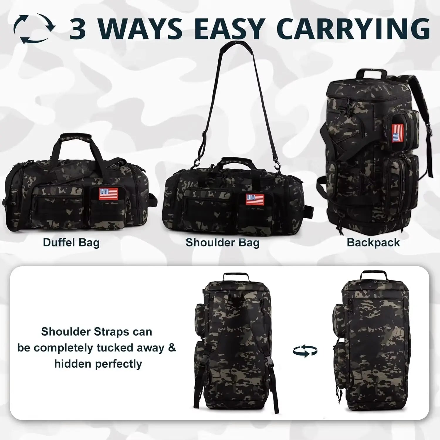 Tactical Gym Bag 50L Men'S Sports Duffle with Shoe Compartment, Water Resistant Travel Backpack with Wet Pocket