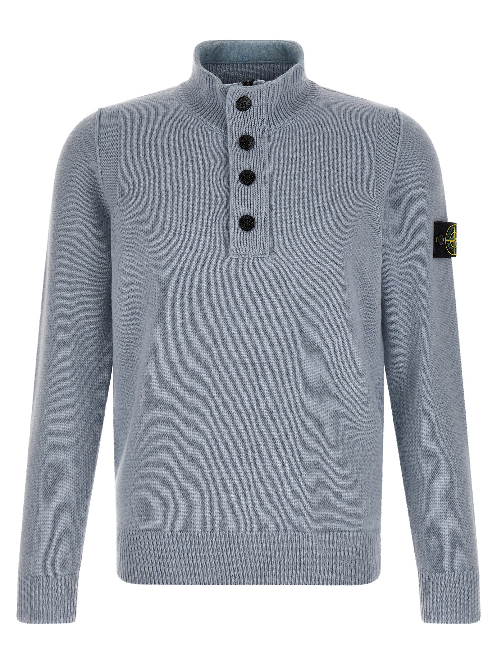 Stone Island light blue virgin wool half-button cardigan front view