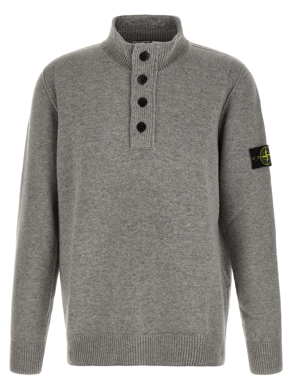 Stone Island melange grey virgin wool half-button cardigan front view