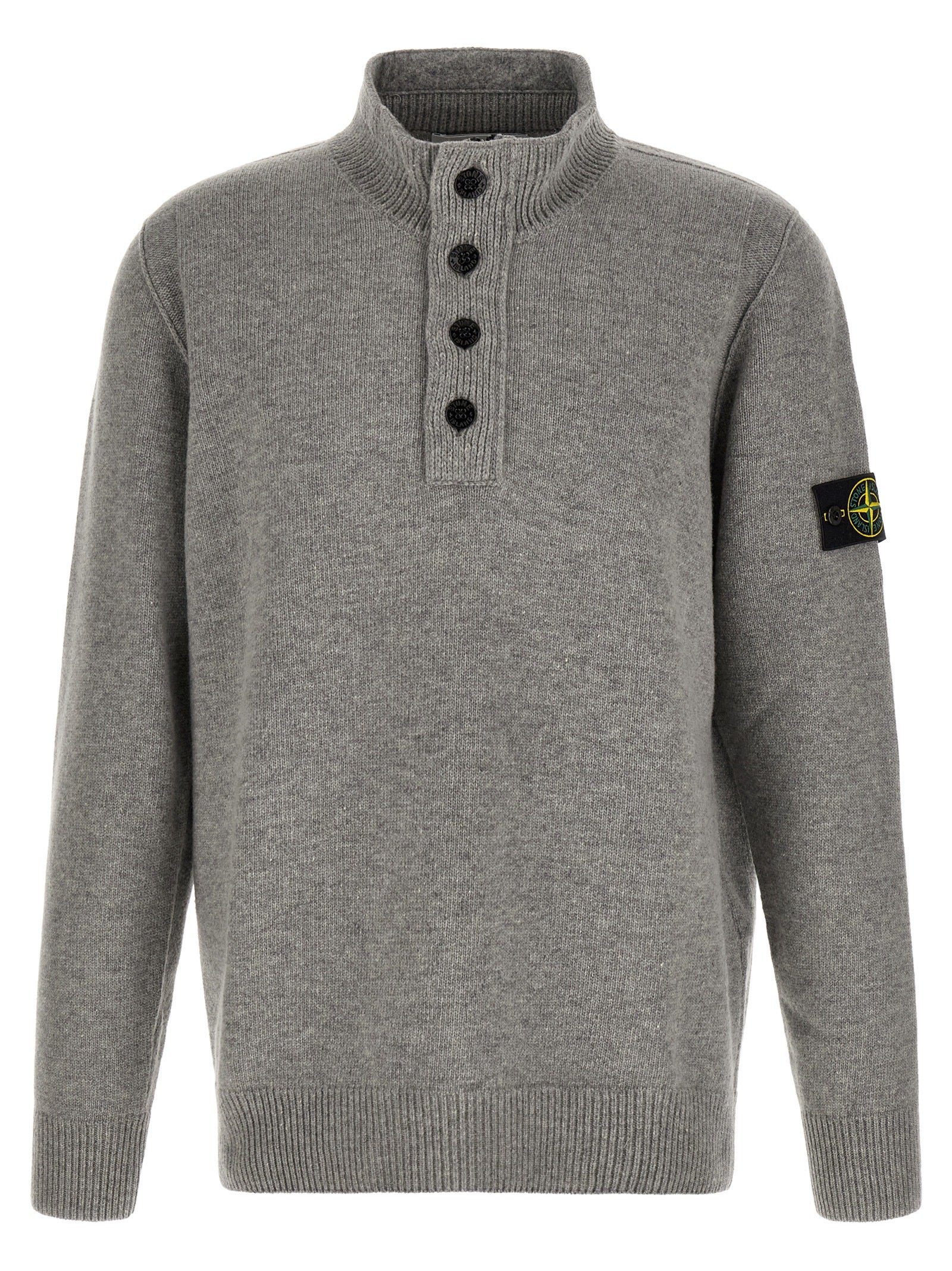 Stone Island melange grey virgin wool half-button cardigan front view