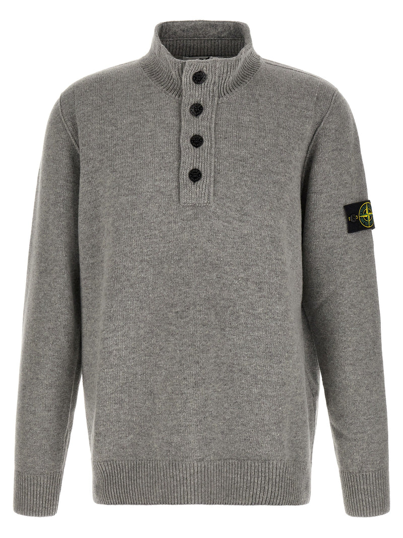Stone Island melange grey virgin wool half-button cardigan front view