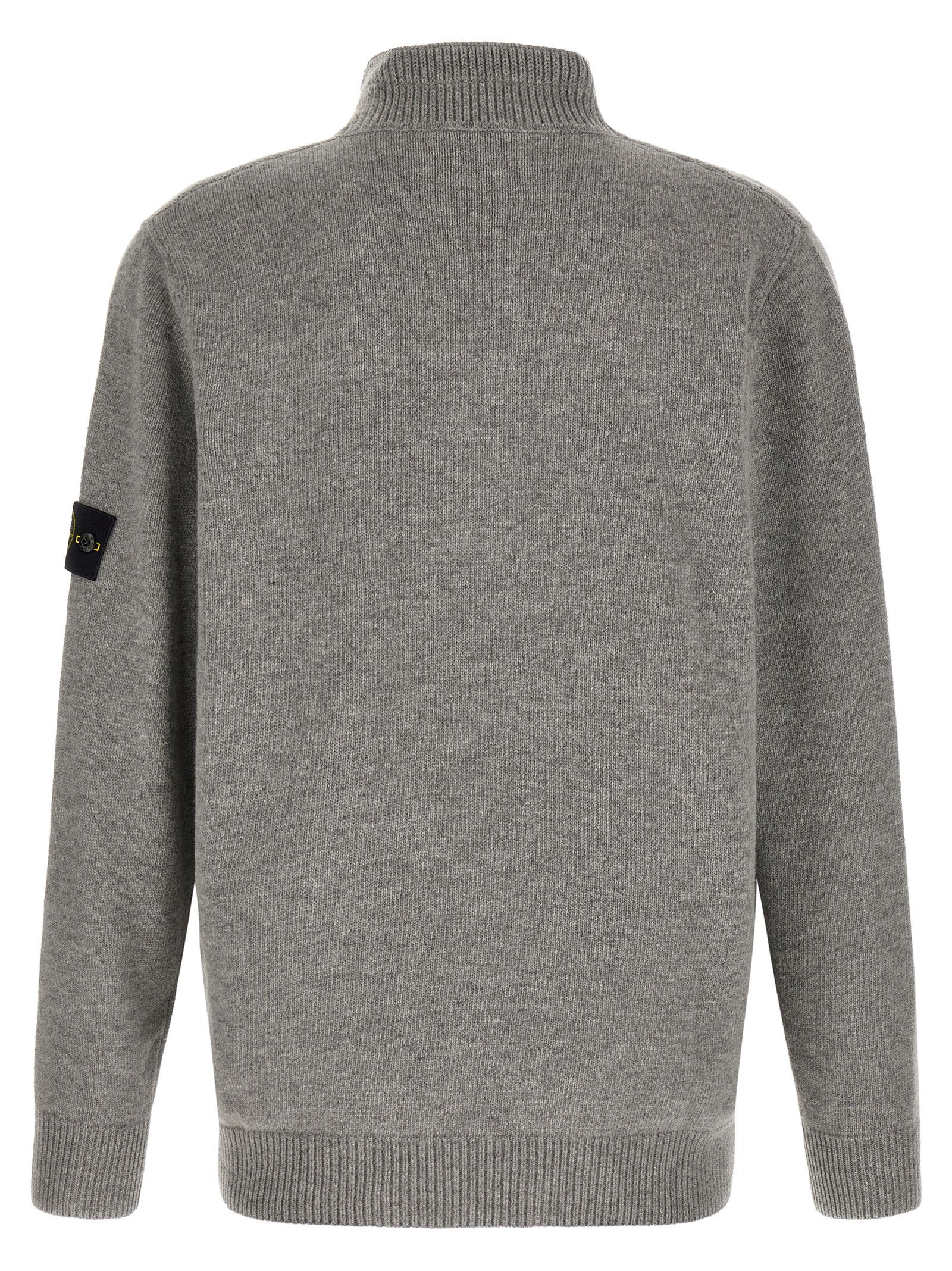 Stone Island grey wool cardigan ribbed stand collar detail