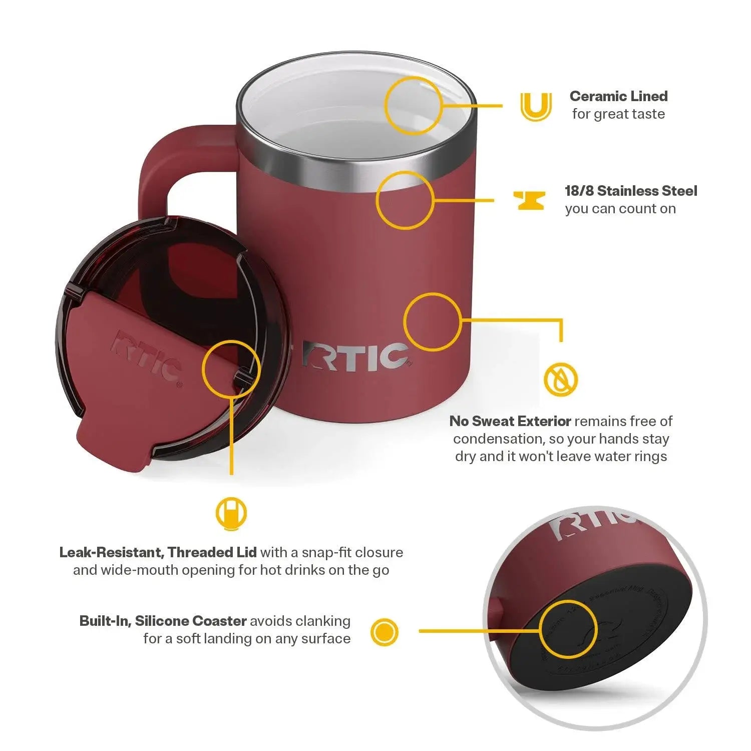 12 Oz Ceramic Lined Insulated Essential Mug, Wide Mouth, Leak-Resistant Lid, Black Cherry