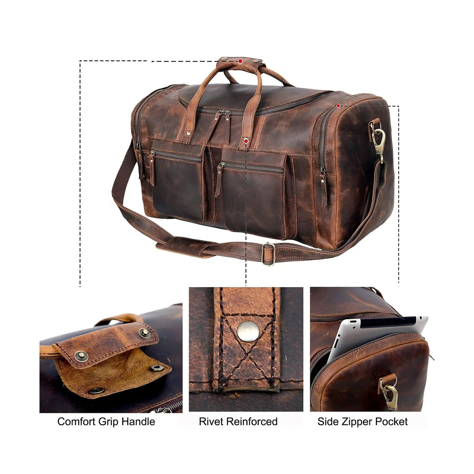 28" Vintage Duffel Classic Style with Modern Outlook Retro Thick Full Grain C...
