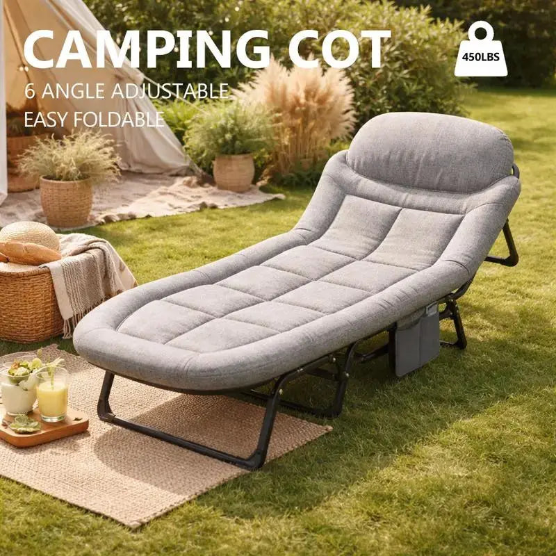 Camping Cot for Adults, 6 Angle Adjustable Folding Camping Bed with Mattress, Foldable Camping Bed for Camp, Office, Outdoor, Lightweight Camping Cot with Carry Bag Supports 450 Lbs