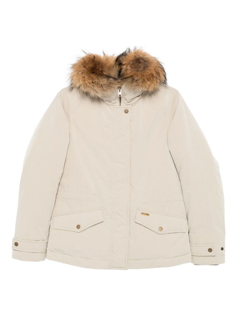 Woolrich Short Down Jacket with Fur Trim — Beige Woolrich