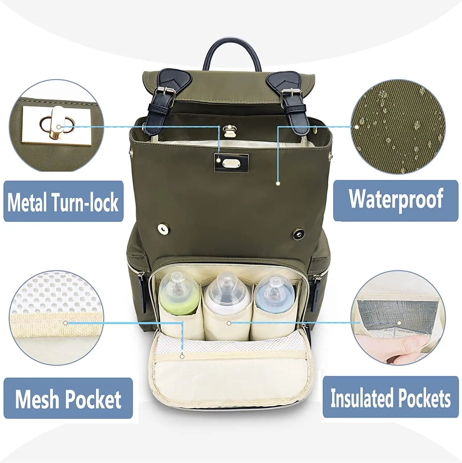 Baby Diaper Bag Backpack with Stroller Hooks,  Multi-Function Stylish Travel Diaper Back Pack for Mom and Dad, Baby Changing Bag, Maternity Nappy Bag for Boys and Girls, Large Capacity, Green