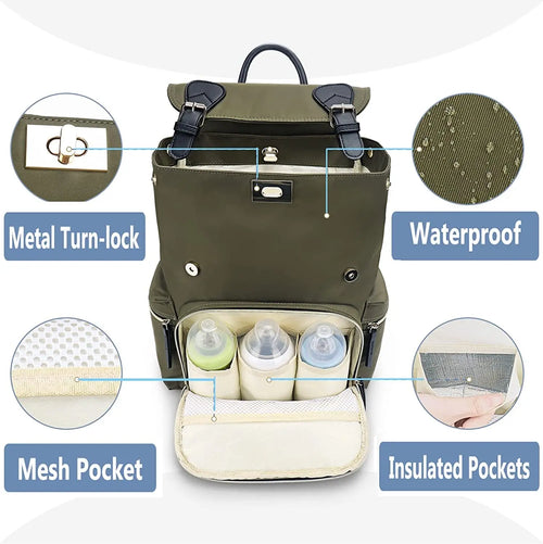 Baby Diaper Bag Backpack with Stroller Hooks,  Multi-Function Stylish Travel Diaper Back Pack for Mom and Dad, Baby Changing Bag, Maternity Nappy Bag for Boys and Girls, Large Capacity, Green