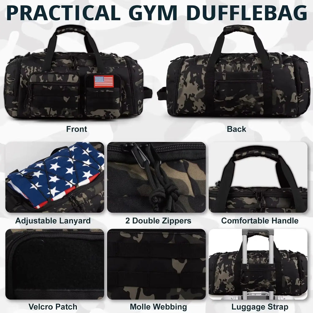 Tactical Gym Bag 50L Men'S Sports Duffle with Shoe Compartment, Water Resistant Travel Backpack with Wet Pocket
