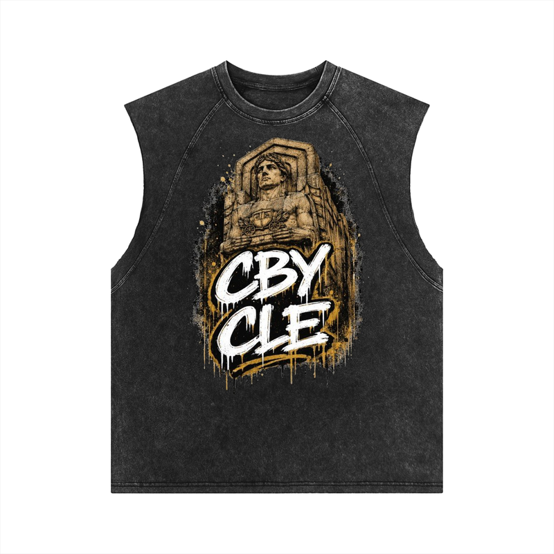 CBY CLE Guardian snow-wash tank top in black, gold Guardian chest graphic — front view