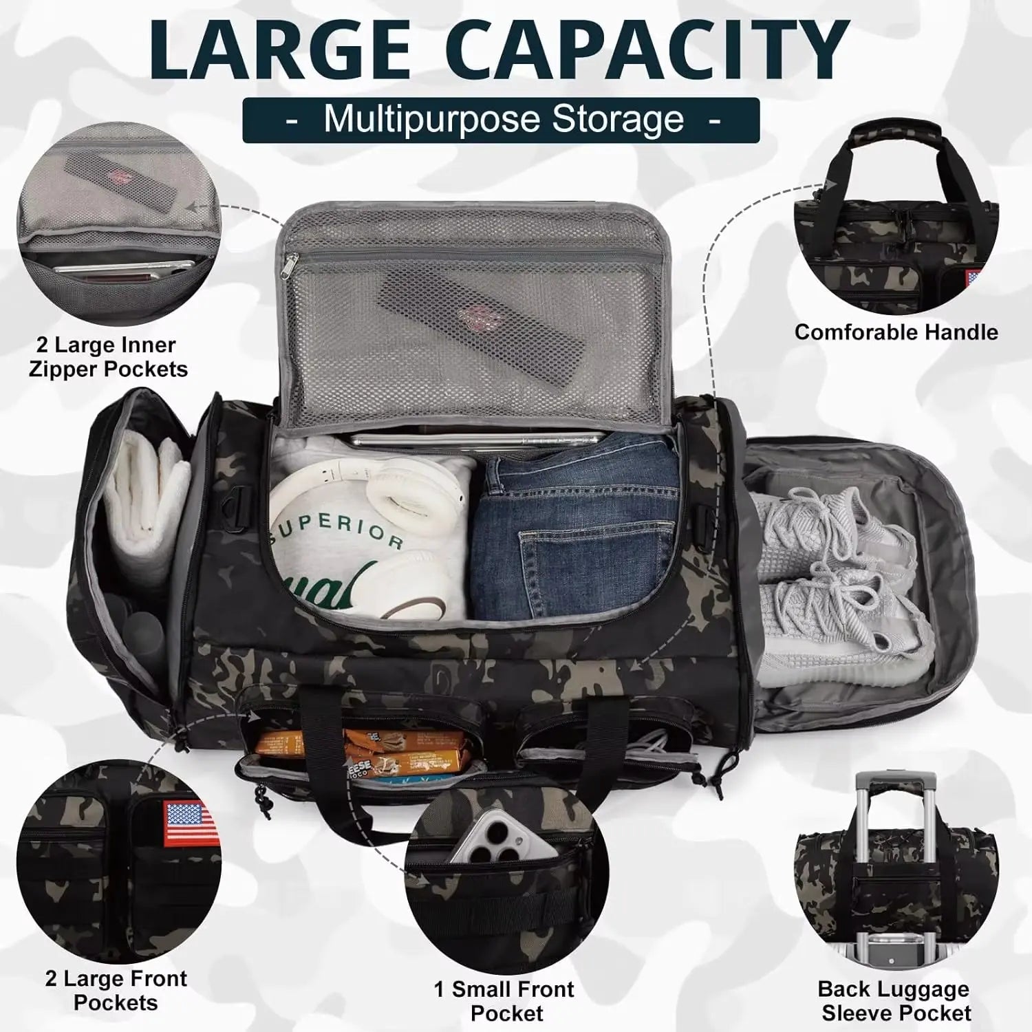 Tactical Gym Bag 50L Men'S Sports Duffle with Shoe Compartment, Water Resistant Travel Backpack with Wet Pocket