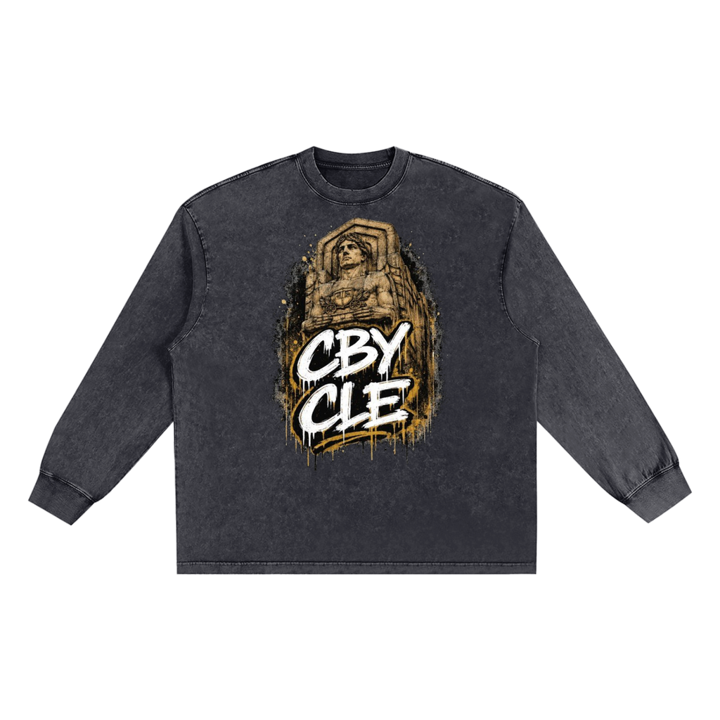 Cranberry's CBY CLE Stacked Graffiti Snow Wash Frayed Long Sleeve Tee