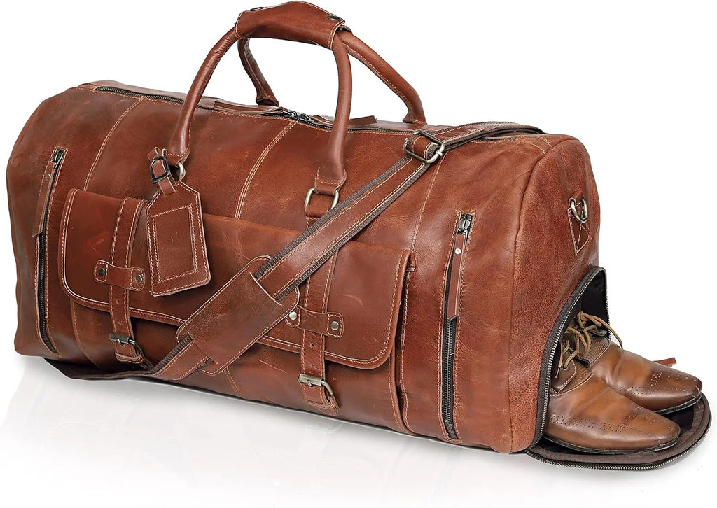 Duffle Leather Travel Bag for Women Men Gym Sports Overnight Weekend Airplane Cabin Bag 28 Inch Large Size Travel Bag with Shoe Compartment by Cureo