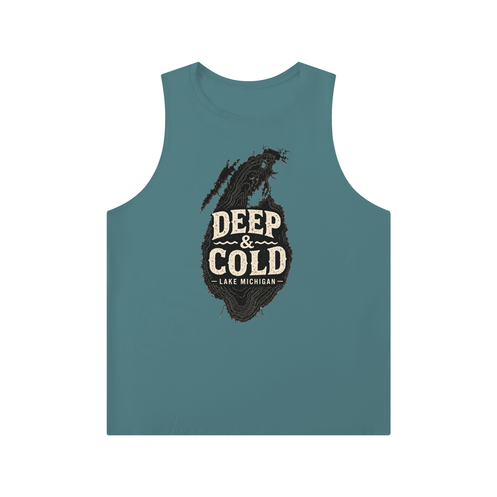 CBY CHI Deep & Cold crewneck tank in light blue, Lake Michigan 923 graphic