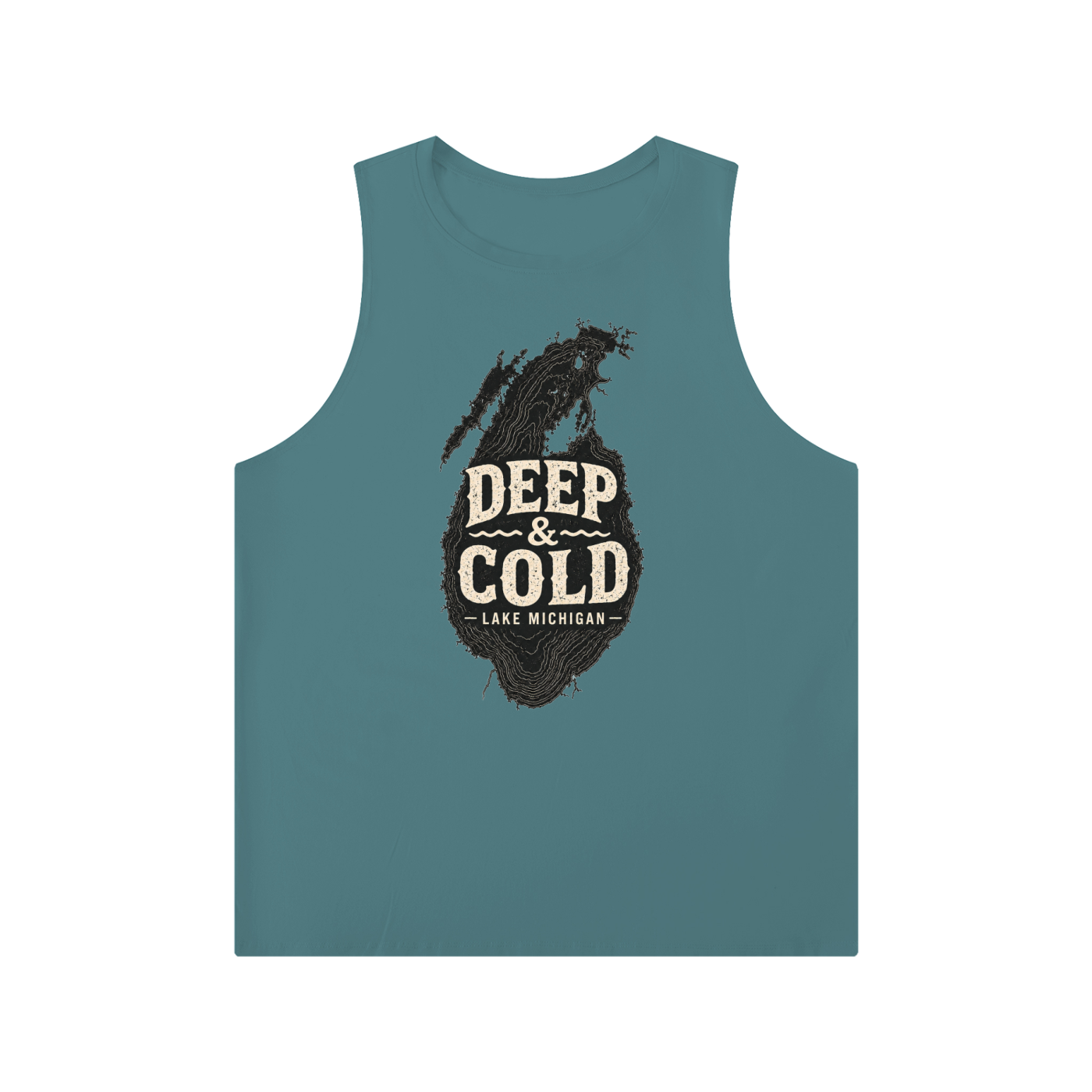 CBY CHI Deep & Cold crewneck tank in light blue, Lake Michigan 923 graphic
