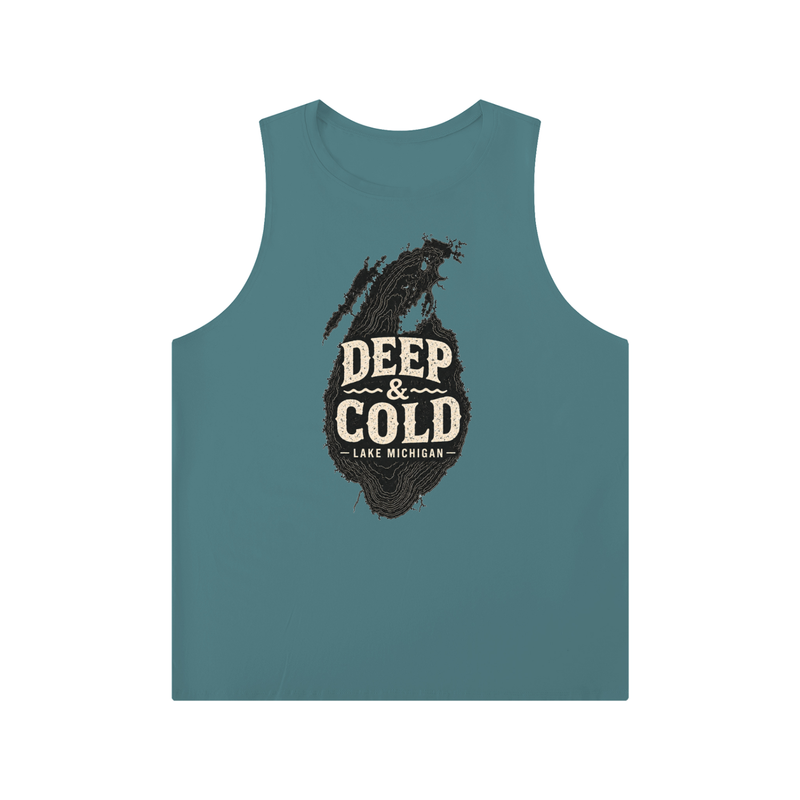 CBY CHI Deep & Cold crewneck tank in light blue, Lake Michigan 923 graphic