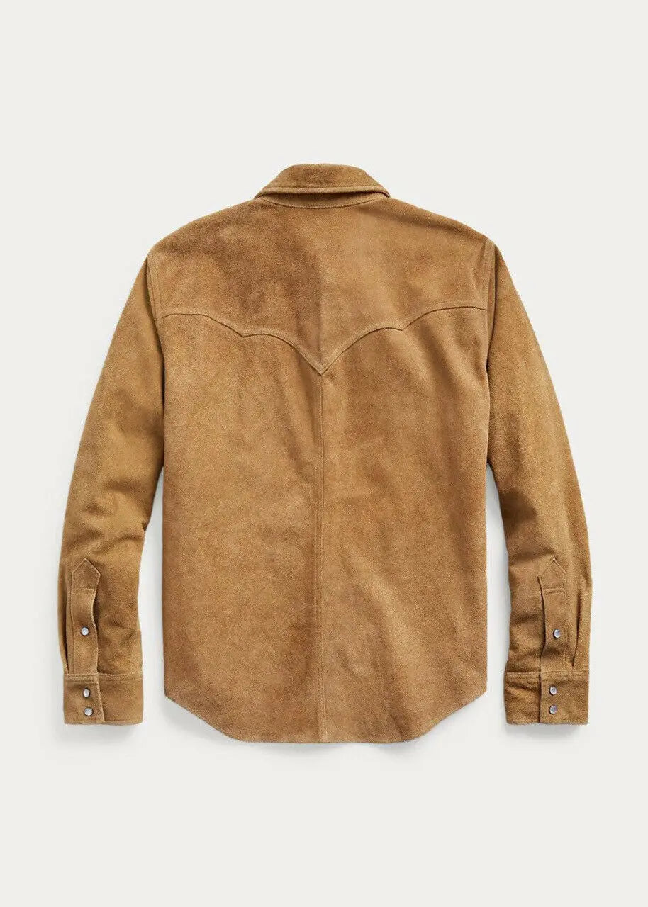 Men'S Classic Trucker Jacket Tan Brown Western Style Real Suede Leather Jacket