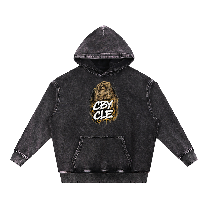 Cranberry's CBY CLE Cleveland Guardian Snow Wash Hand-Frayed Heavyweight Hoodie — Black ODMPOD