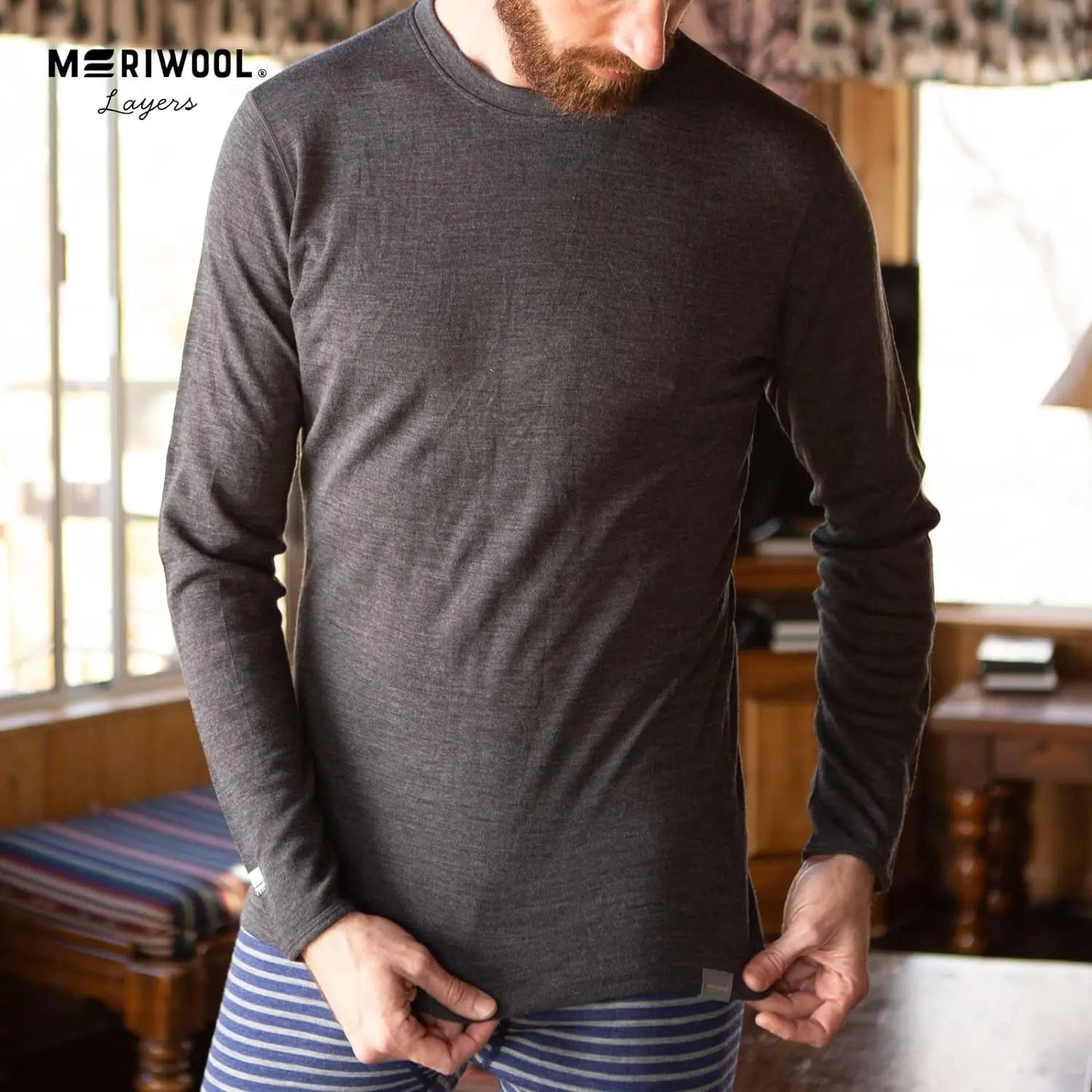 Mens Base Layer - 100% Merino Wool Midweight Long Sleeve Thermal Shirt