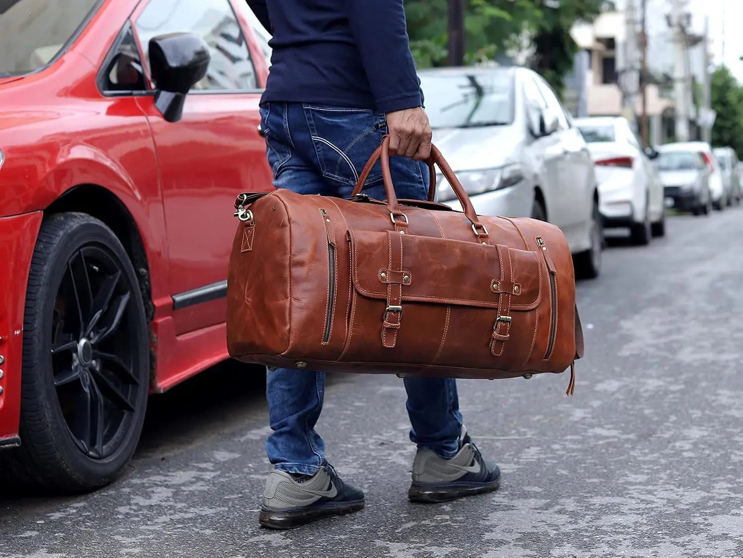 Duffle Leather Travel Bag for Women Men Gym Sports Overnight Weekend Airplane Cabin Bag 28 Inch Large Size Travel Bag with Shoe Compartment by Cureo