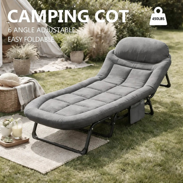 Camping Cot for Adults, 6 Angle Adjustable Folding Camping Bed with Mattress, Foldable Camping Bed for Camp, Office, Outdoor, Lightweight Camping Cot with Carry Bag Supports 450 Lbs
