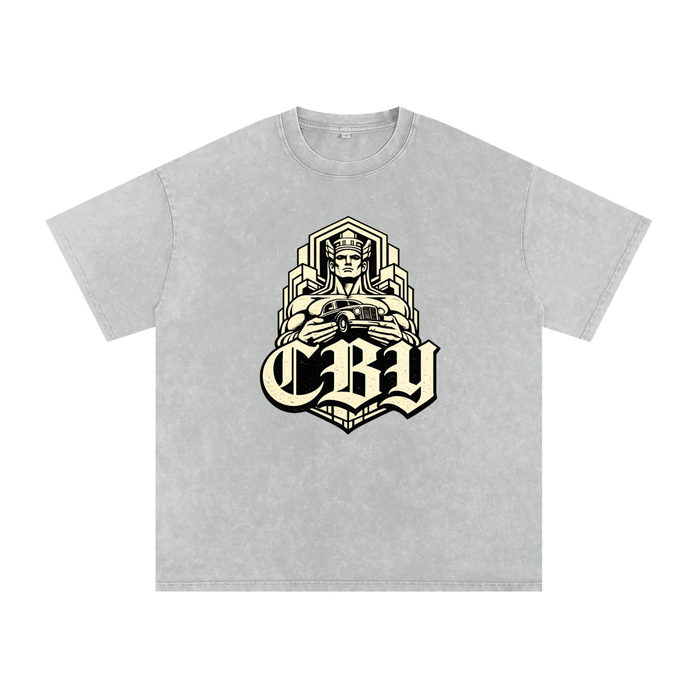 CBY Guardian art-deco graphic — snow-wash oversized tee, Guardians of Traffic figure with blackletter CBY
