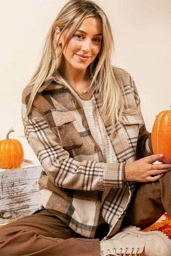 Women's Plaid Flannel Shacket with Double Flap Pockets Cranberry's