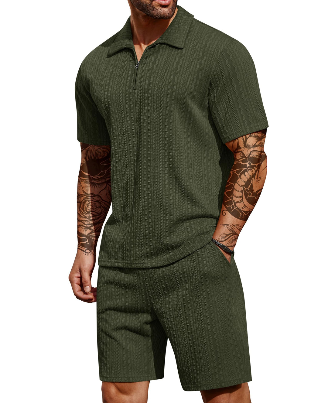 COOFANDY men's polo and shorts set worn on model