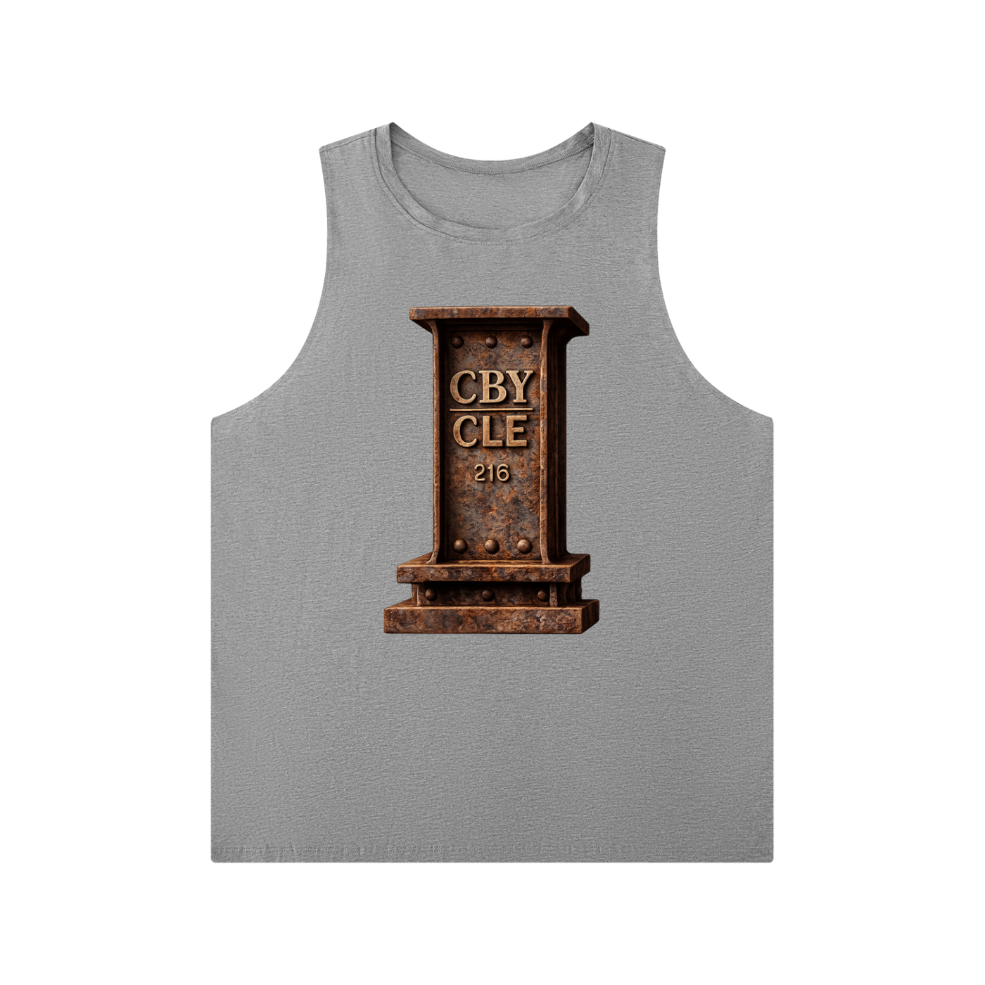 CBY CLE Steel Mark Forge crewneck tank, fabric texture