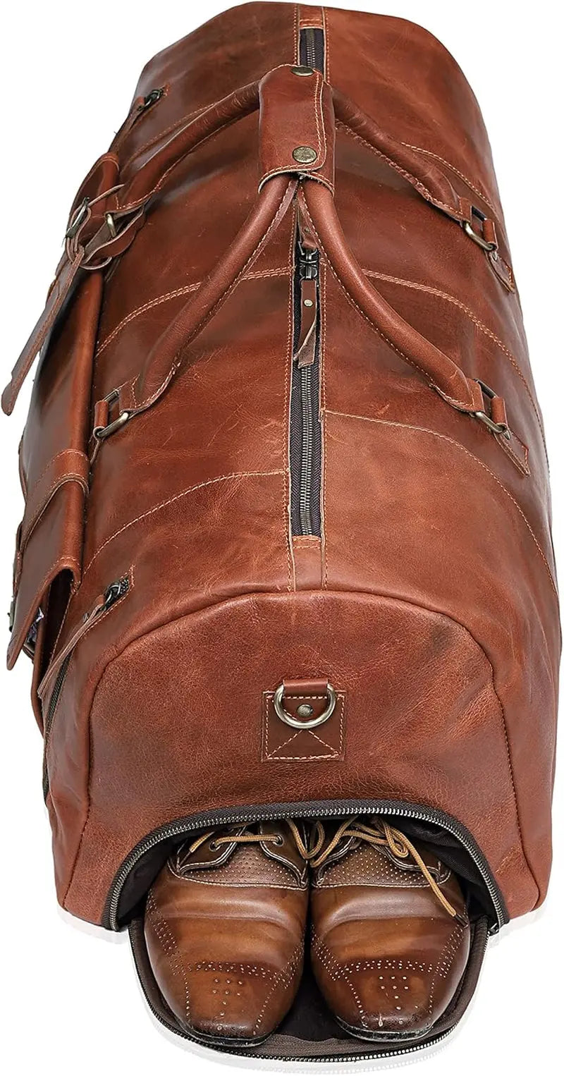 Duffle Leather Travel Bag for Women Men Gym Sports Overnight Weekend Airplane Cabin Bag 28 Inch Large Size Travel Bag with Shoe Compartment by Cureo