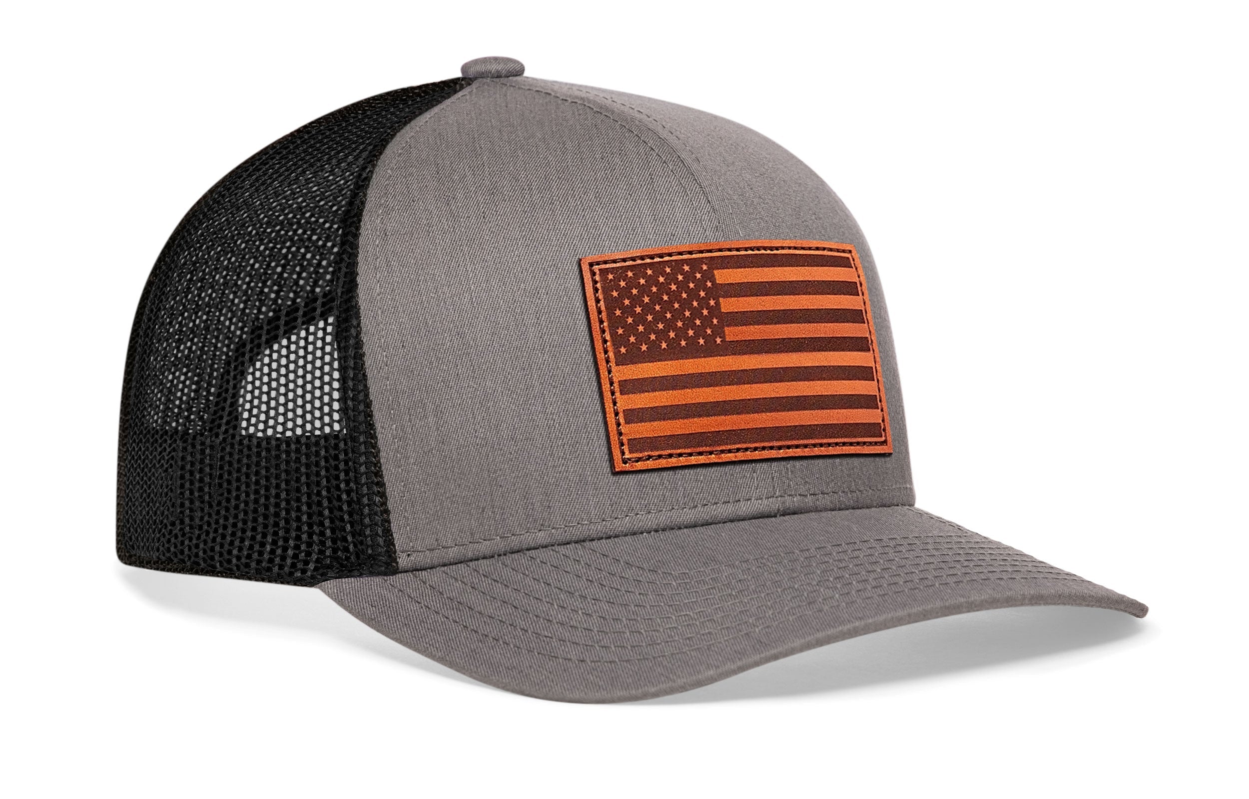 American Flag Trucker Hat Leather  |  Gray-Black USA Snapback Haka Hat