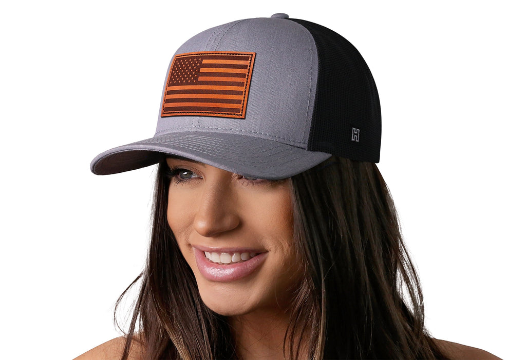 American Flag Trucker Hat Leather  |  Gray-Black USA Snapback Haka Hat