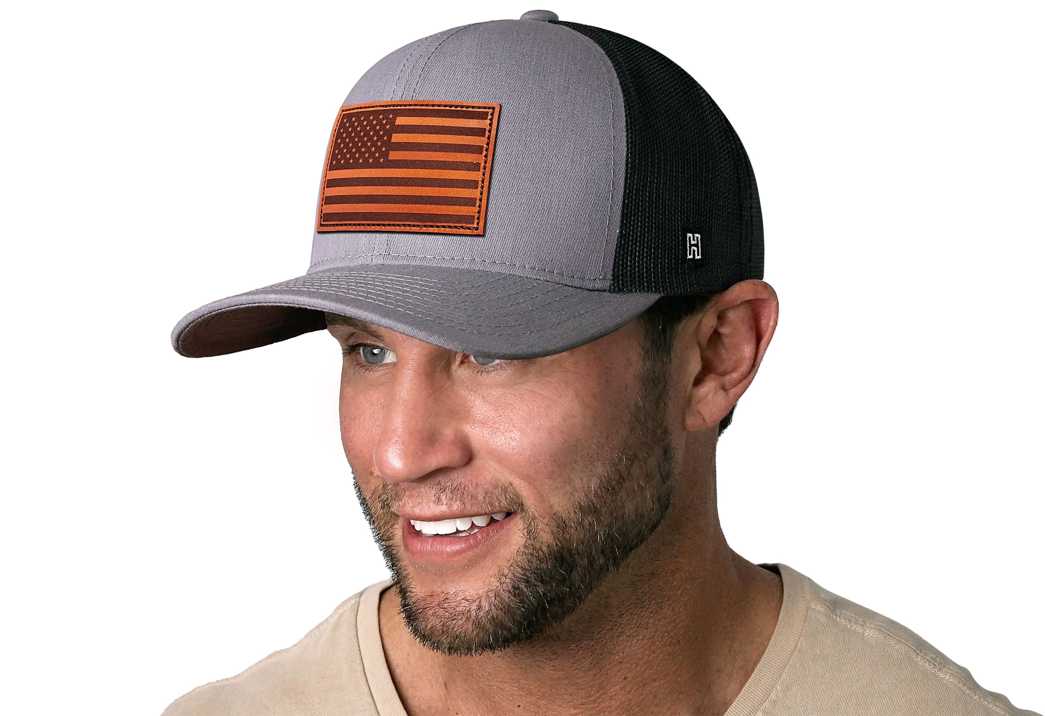 American Flag Trucker Hat Leather  |  Gray-Black USA Snapback Haka Hat