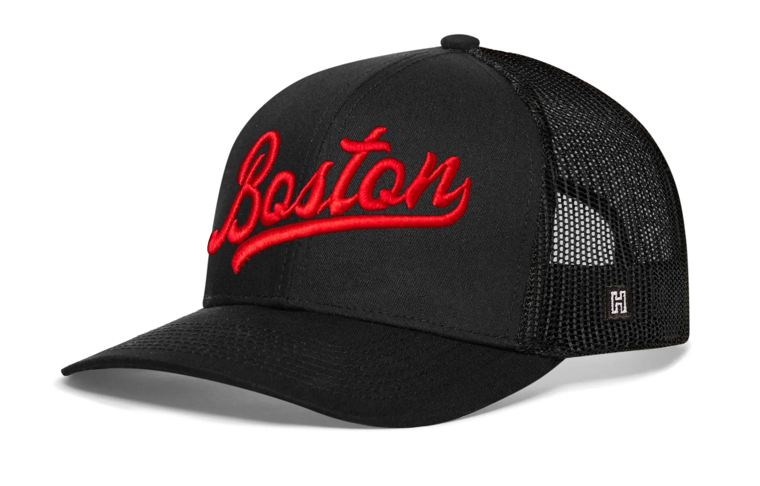 Boston Red Script Trucker Hat  |  Black Massachusetts Snapback Haka Hat