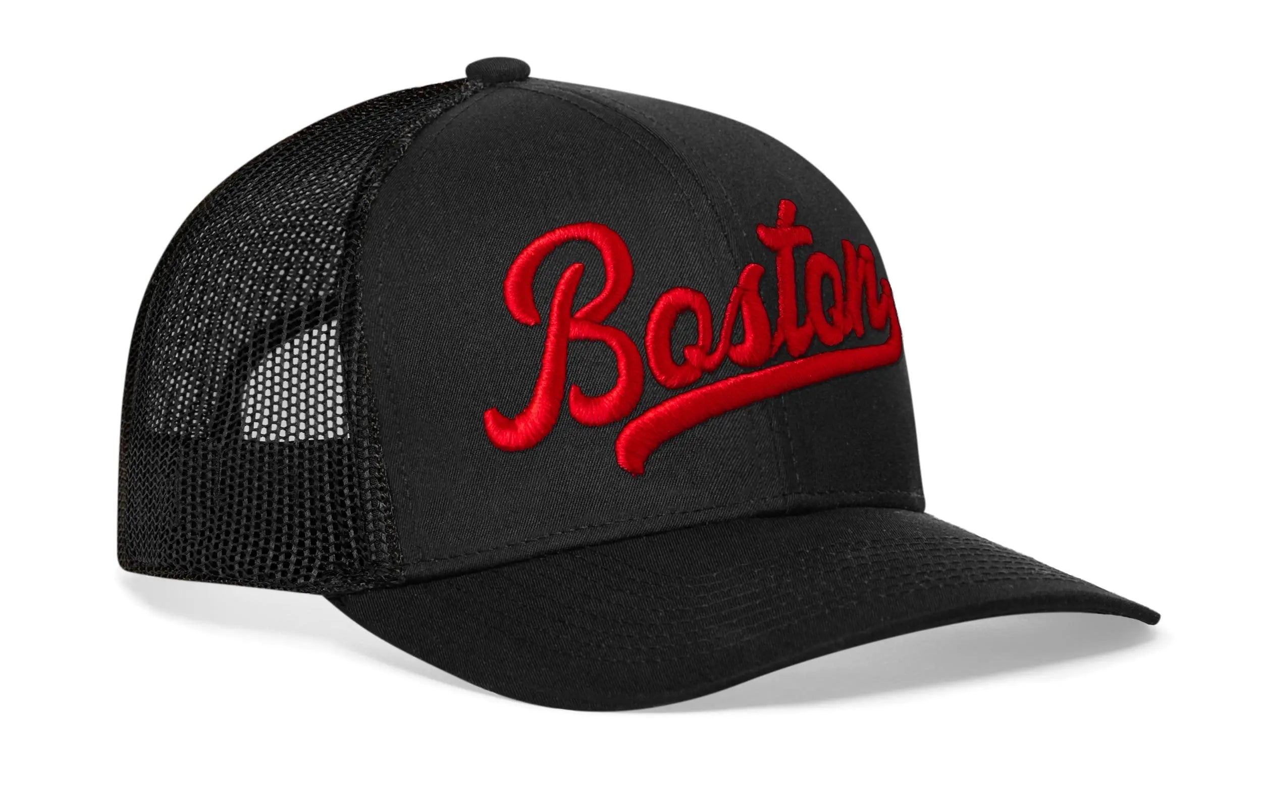 Boston Red Script Trucker Hat  |  Black Massachusetts Snapback Haka Hat