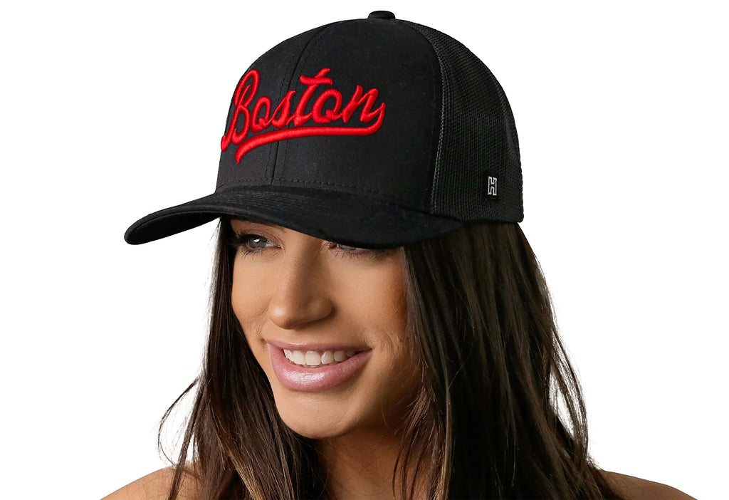 Boston Red Script Trucker Hat  |  Black Massachusetts Snapback Haka Hat