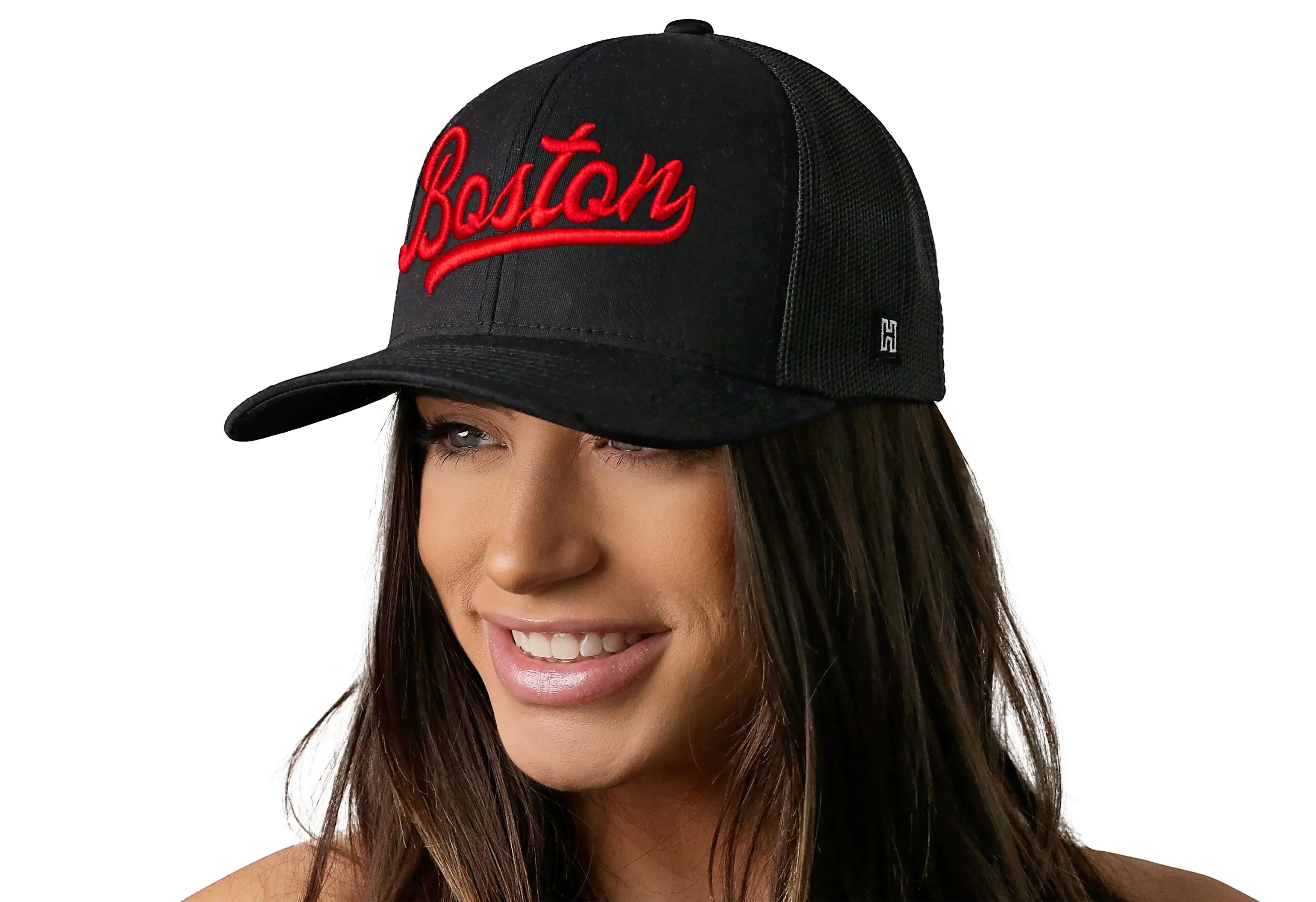 Boston Red Script Trucker Hat  |  Black Massachusetts Snapback Haka Hat