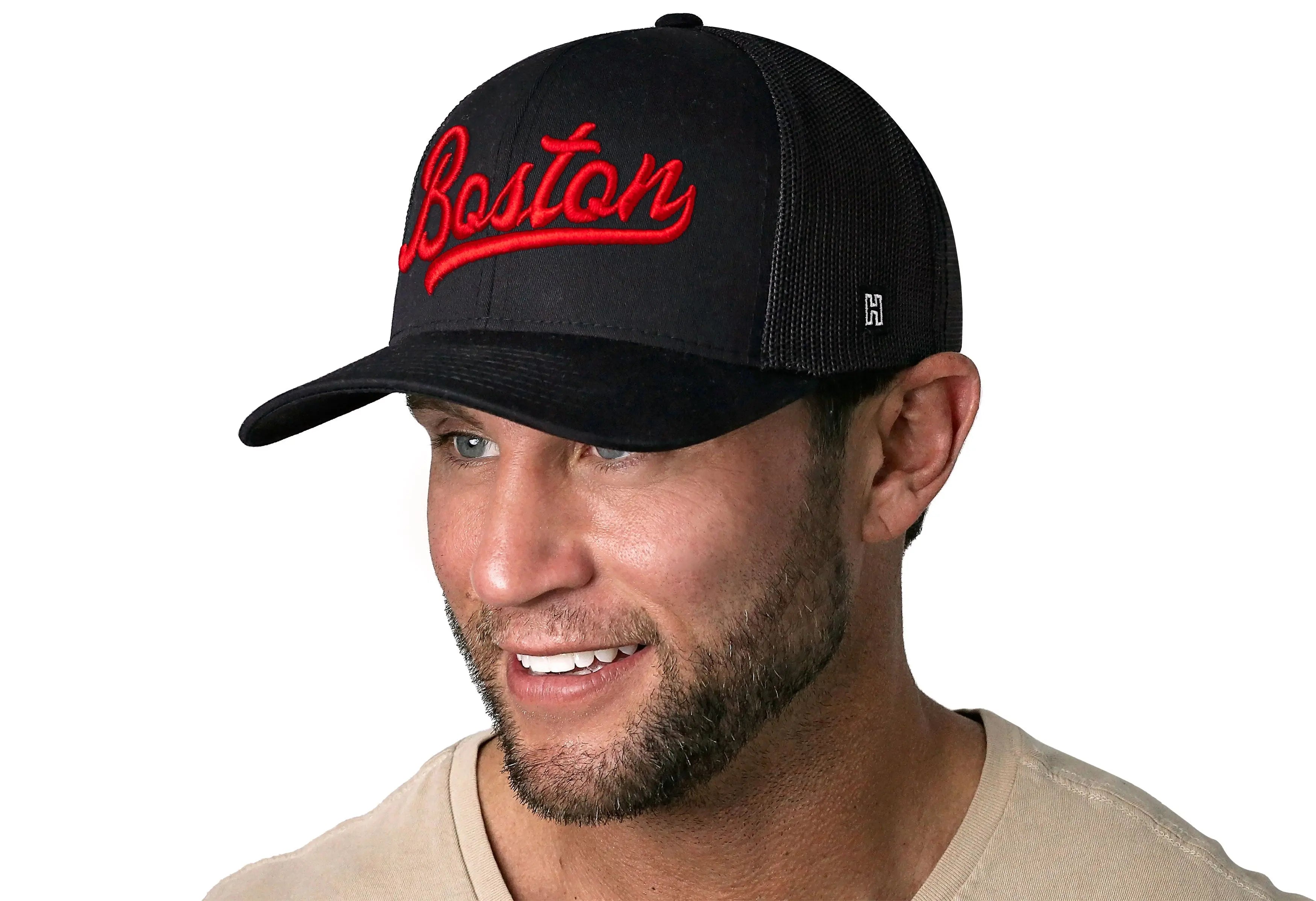 Boston Red Script Trucker Hat  |  Black Massachusetts Snapback Haka Hat