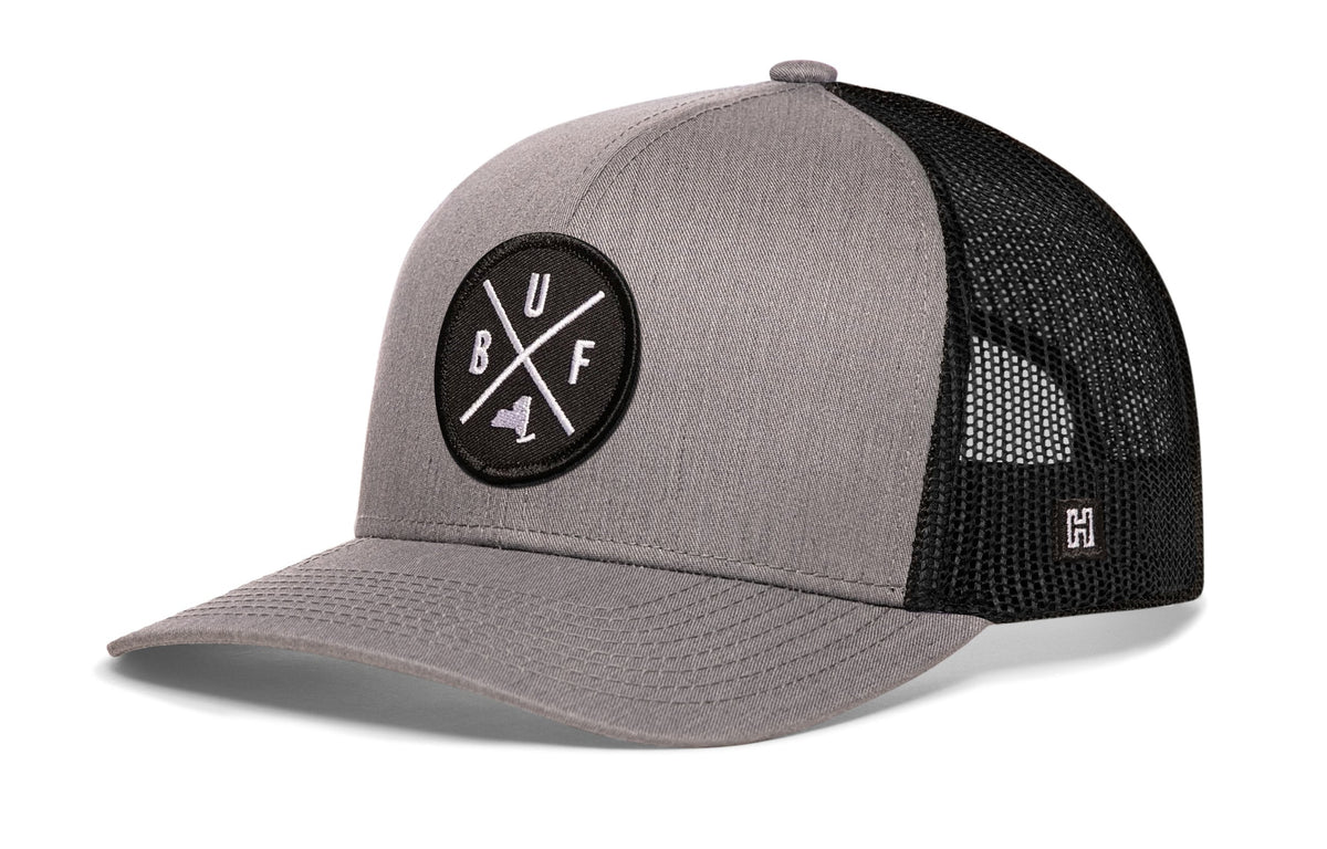 Buffalo trucker hat — mesh back snapback detail