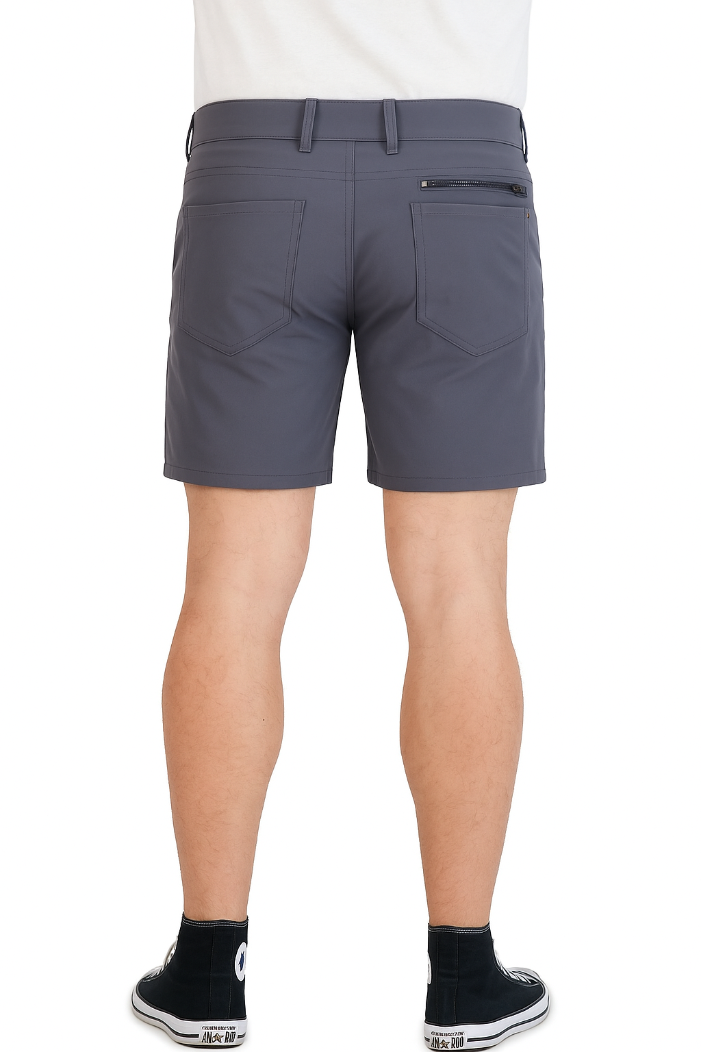 Grey stretch shorts — built-in liner detail