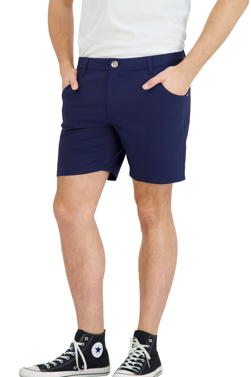 Navy denim style stretch shorts — built-in liner detail