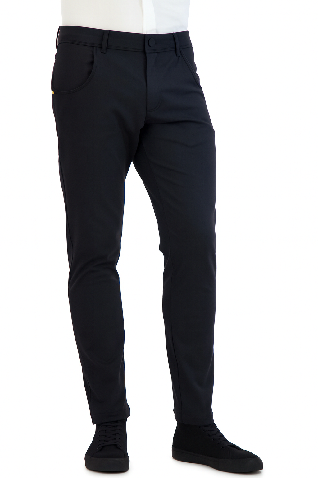 Mens black performance chinos — full leg view