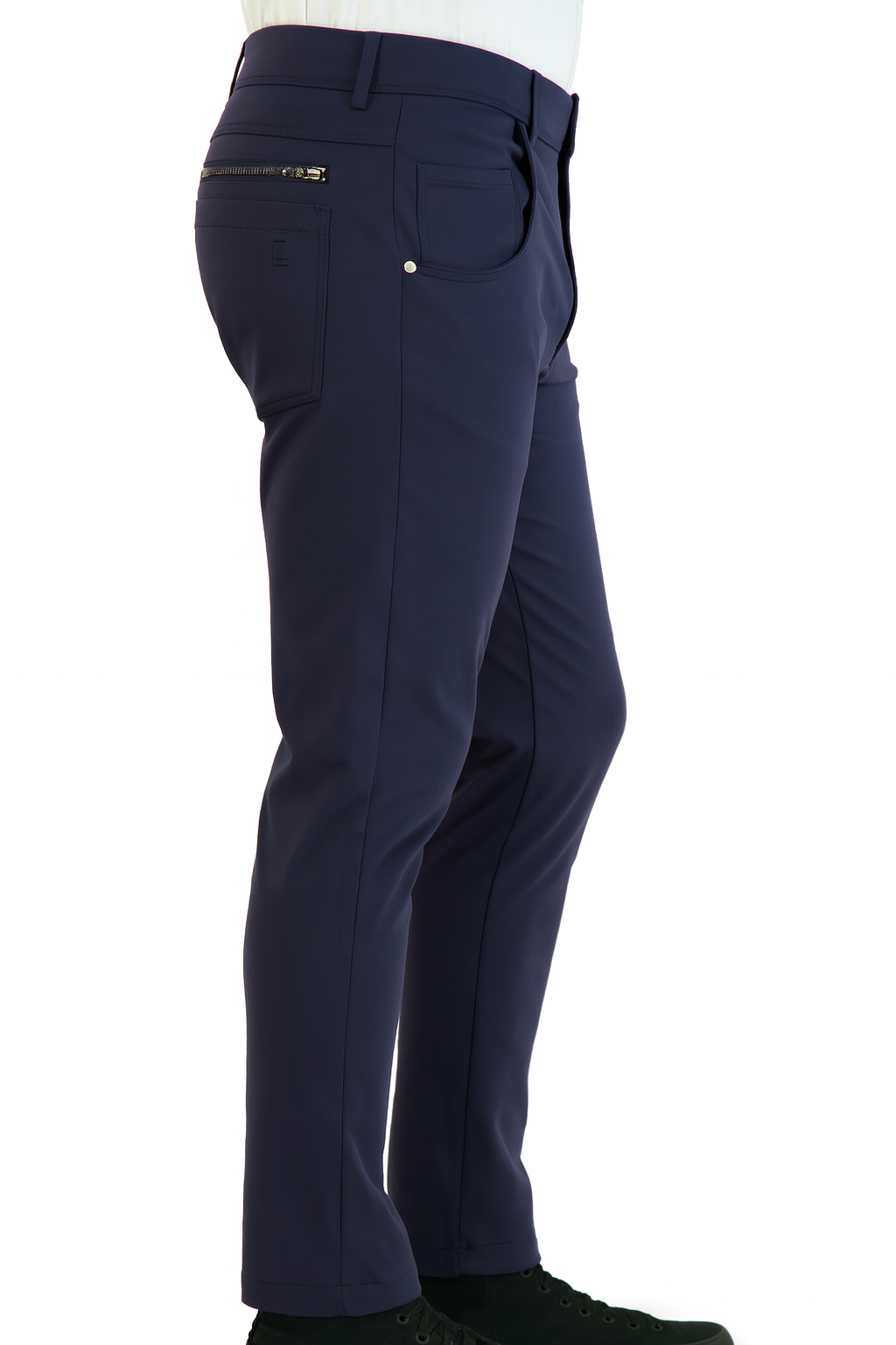 Navy performance chinos — four-way stretch detail