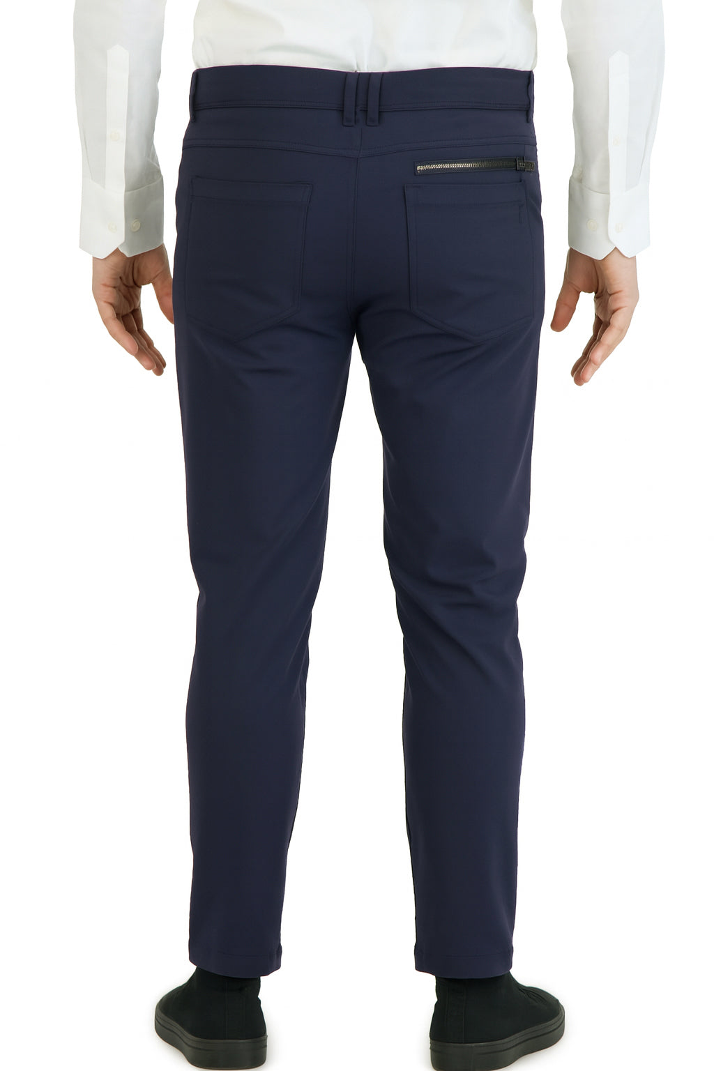 Navy chinos — fabric and waistband detail