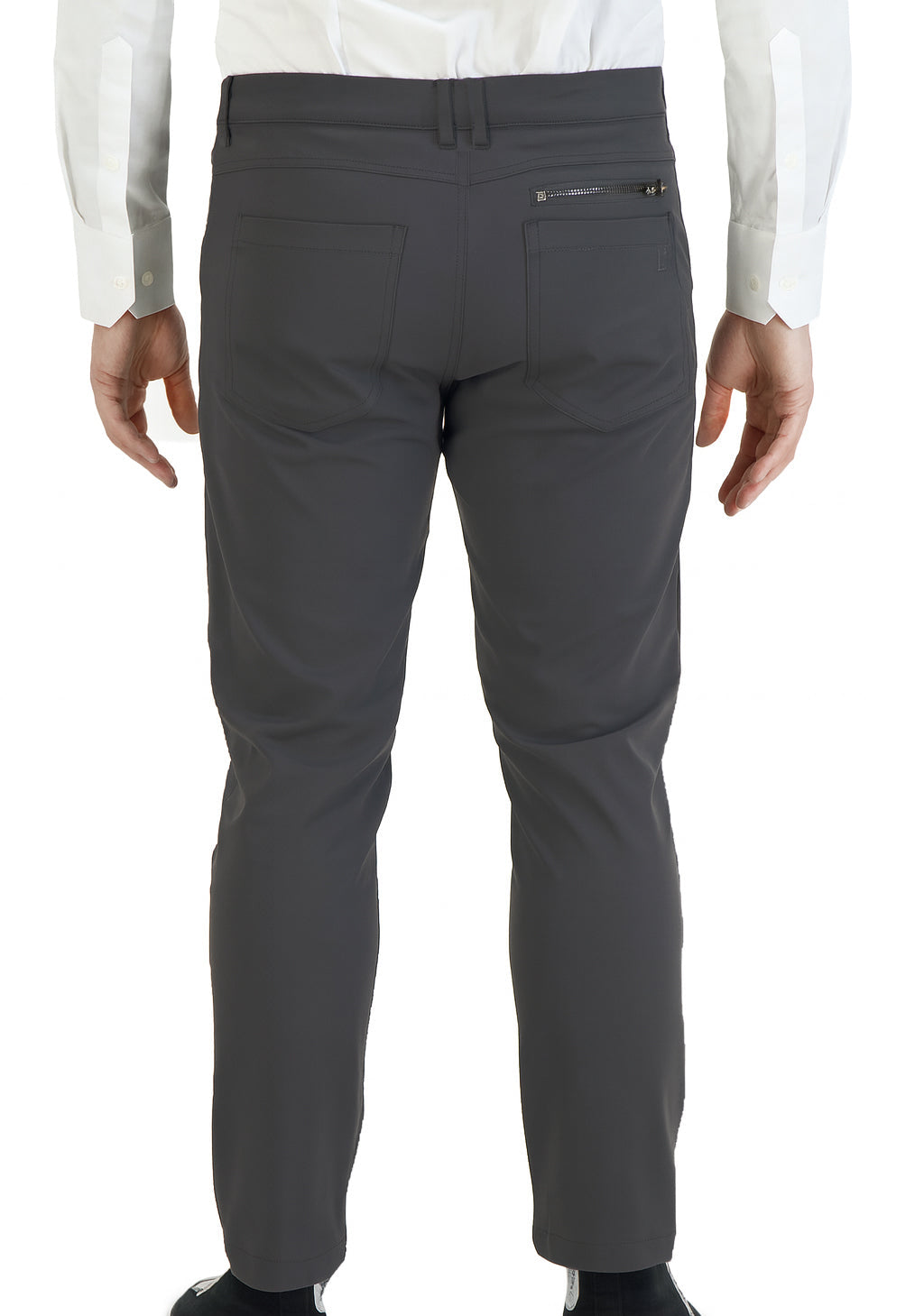 Charcoal performance chinos — four-way stretch detail