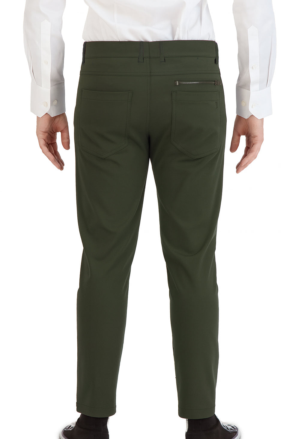 Olive performance chinos — four-way stretch detail