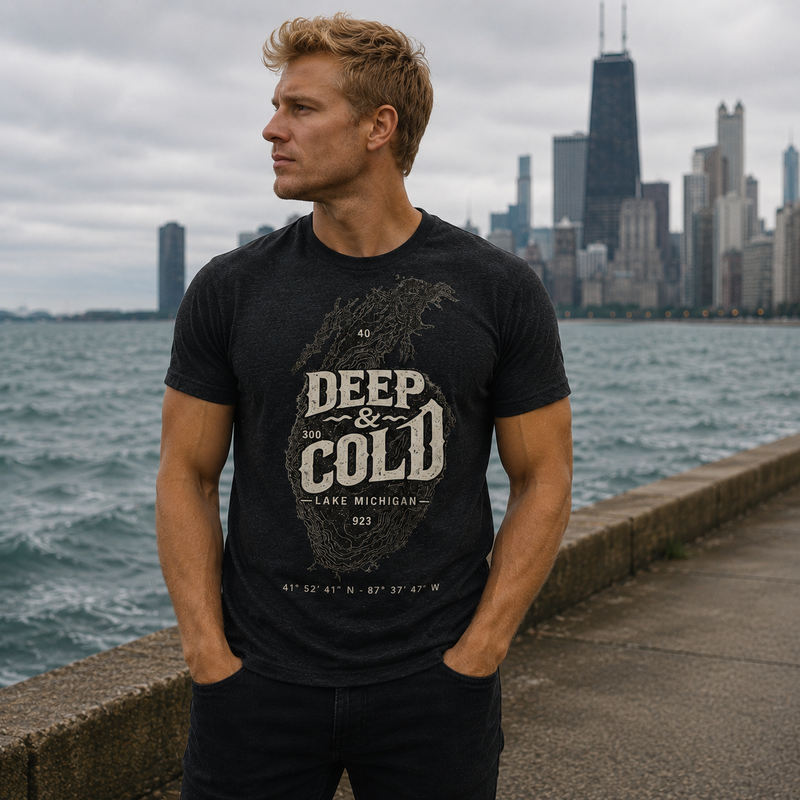 Man wearing the CBY Deep & Cold Lake Michigan tee in charcoal-black triblend on the Chicago lakefront, skyline behind
