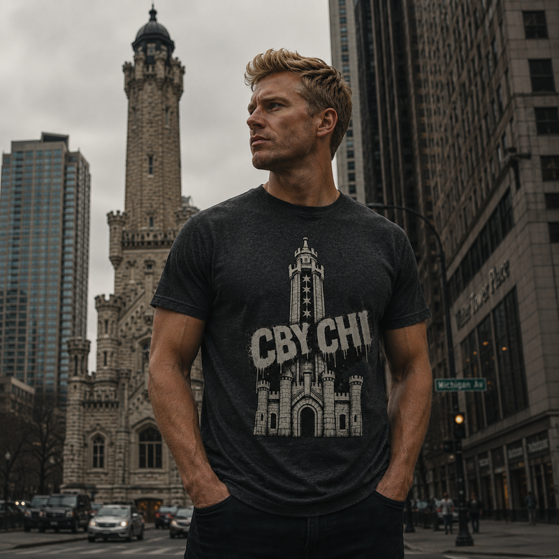 Man wearing the CBY CHI Chicago Water Tower tee, the historic Gothic limestone Water Tower behind him on Michigan Avenue