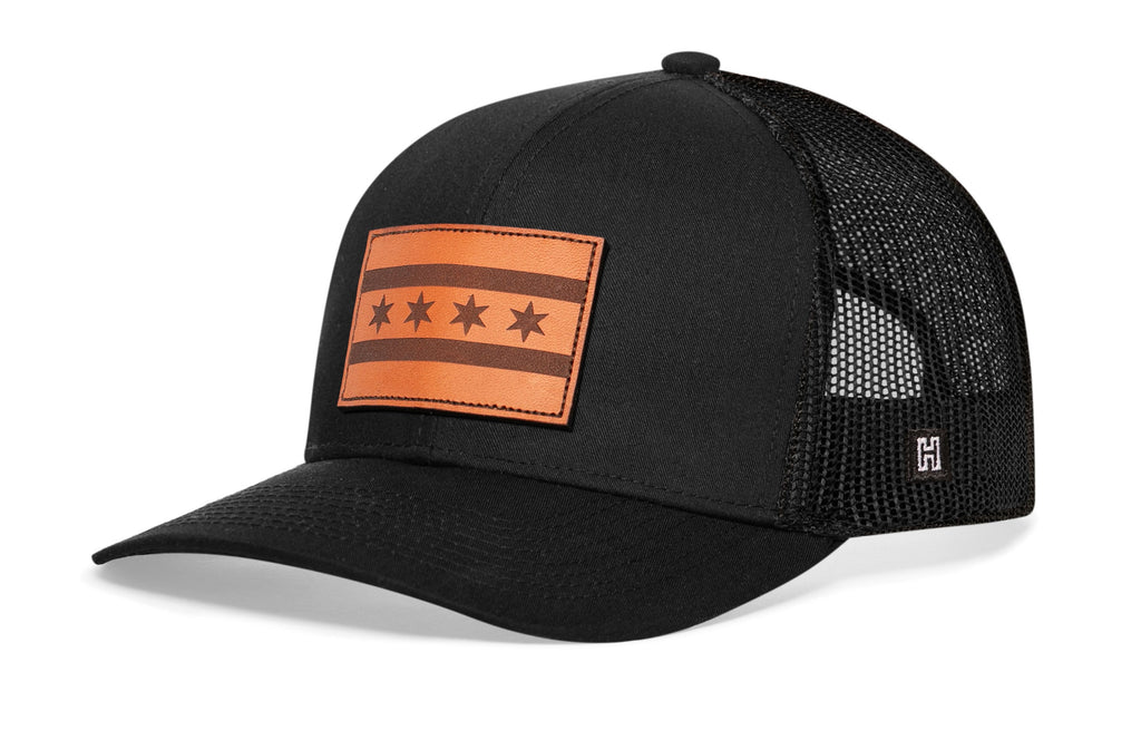 Chicago Flag Trucker Hat Leather  |  Black City Snapback Haka Hat