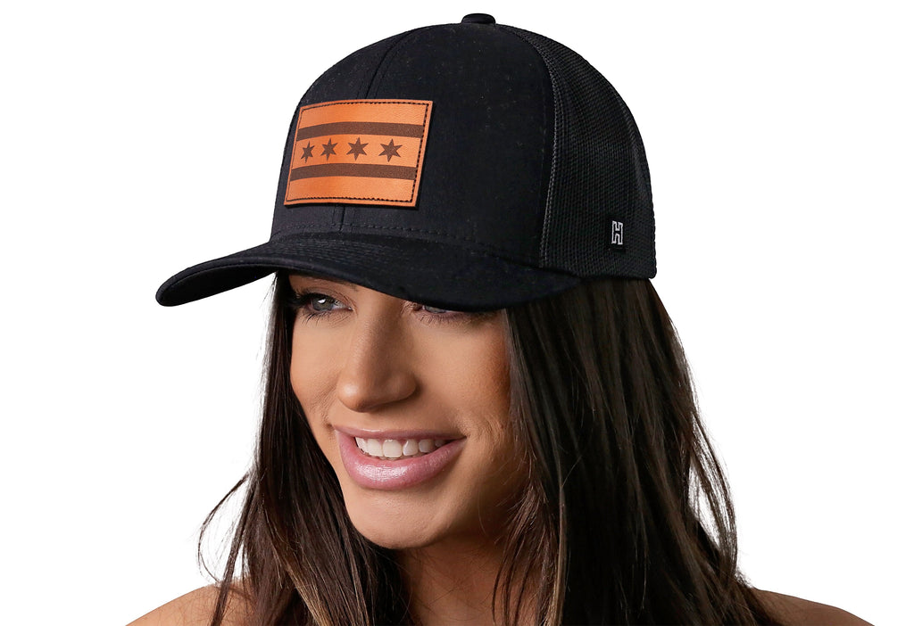 Chicago Flag Trucker Hat Leather  |  Black City Snapback Haka Hat